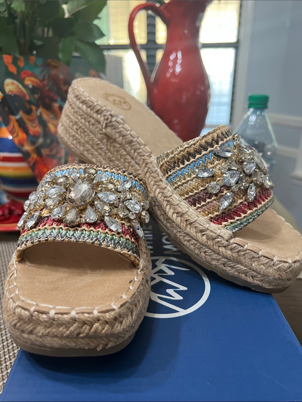 White Mountain Multicolor Jeweled Espadrille Wedge Slides